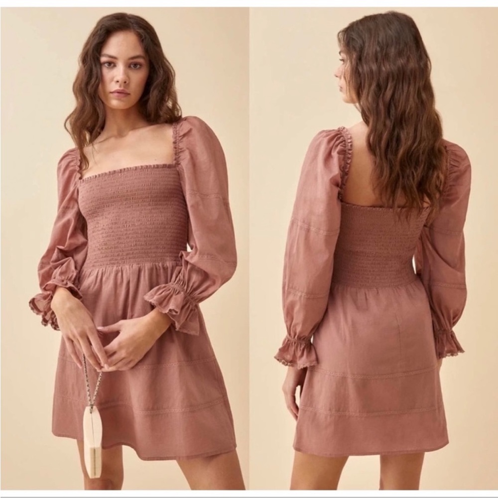 New Reformation Dunes Praline Long Sleeve Mini Smocked Dress Size 8